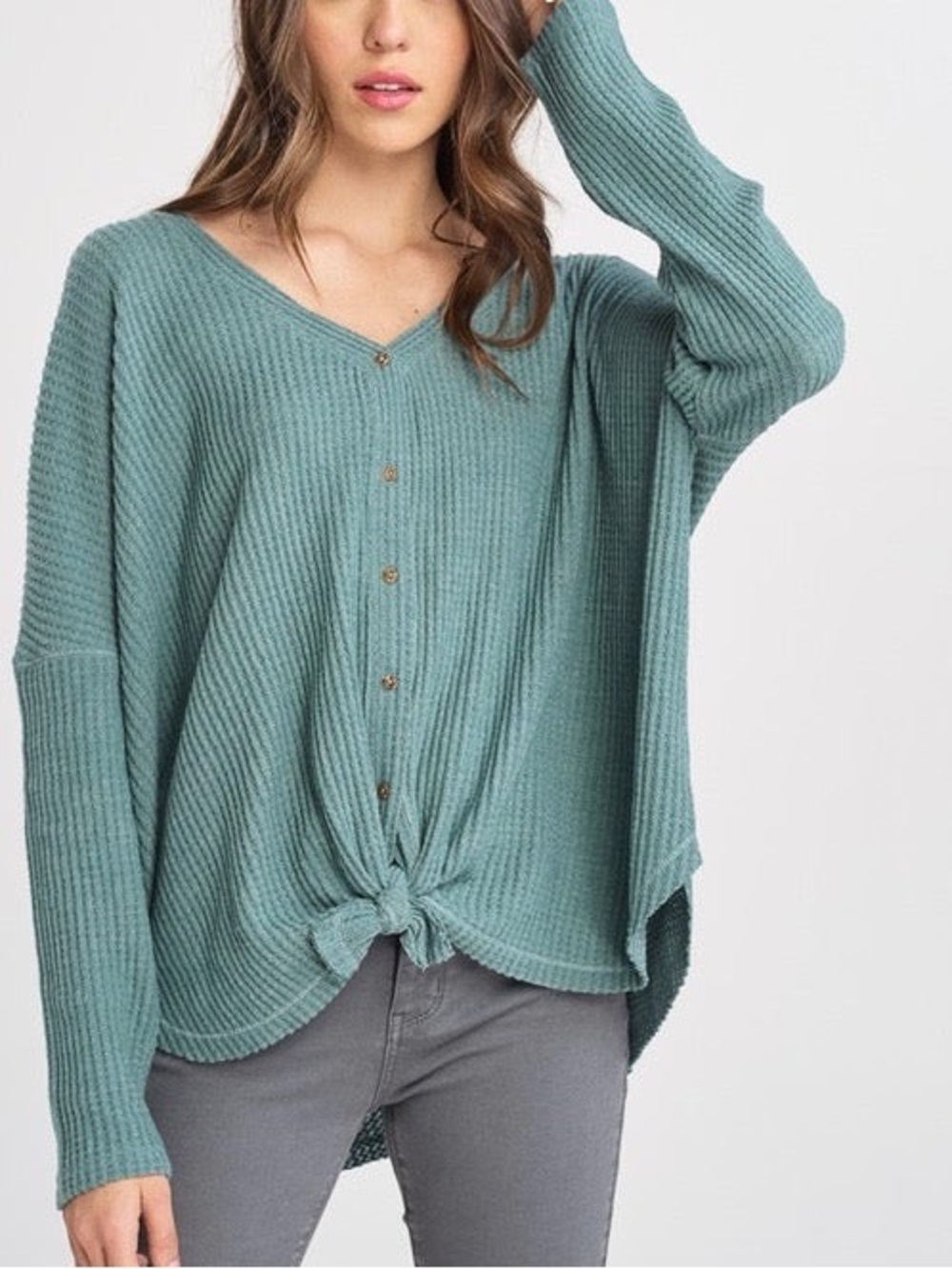 Urban Outfitters Teal V-Neck Knot Front Ribbed Sweater